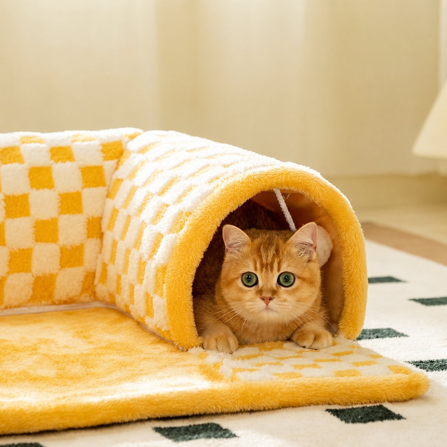 Cosy Tunnel Cat House | Plush Padded Hideaway Bed with Hanging Pom-Poms