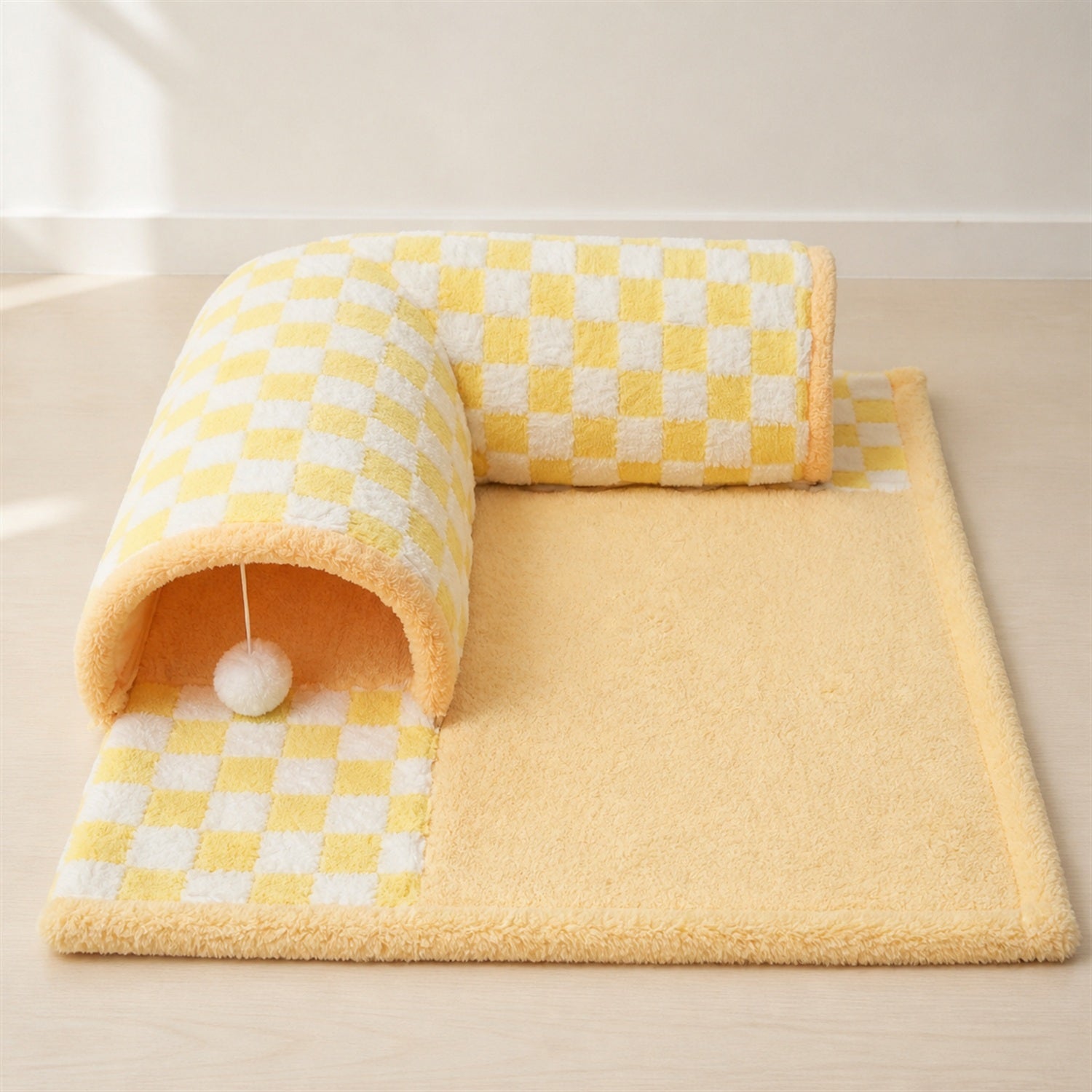 Cosy Tunnel Cat House | Plush Padded Hideaway Bed with Hanging Pom-Poms