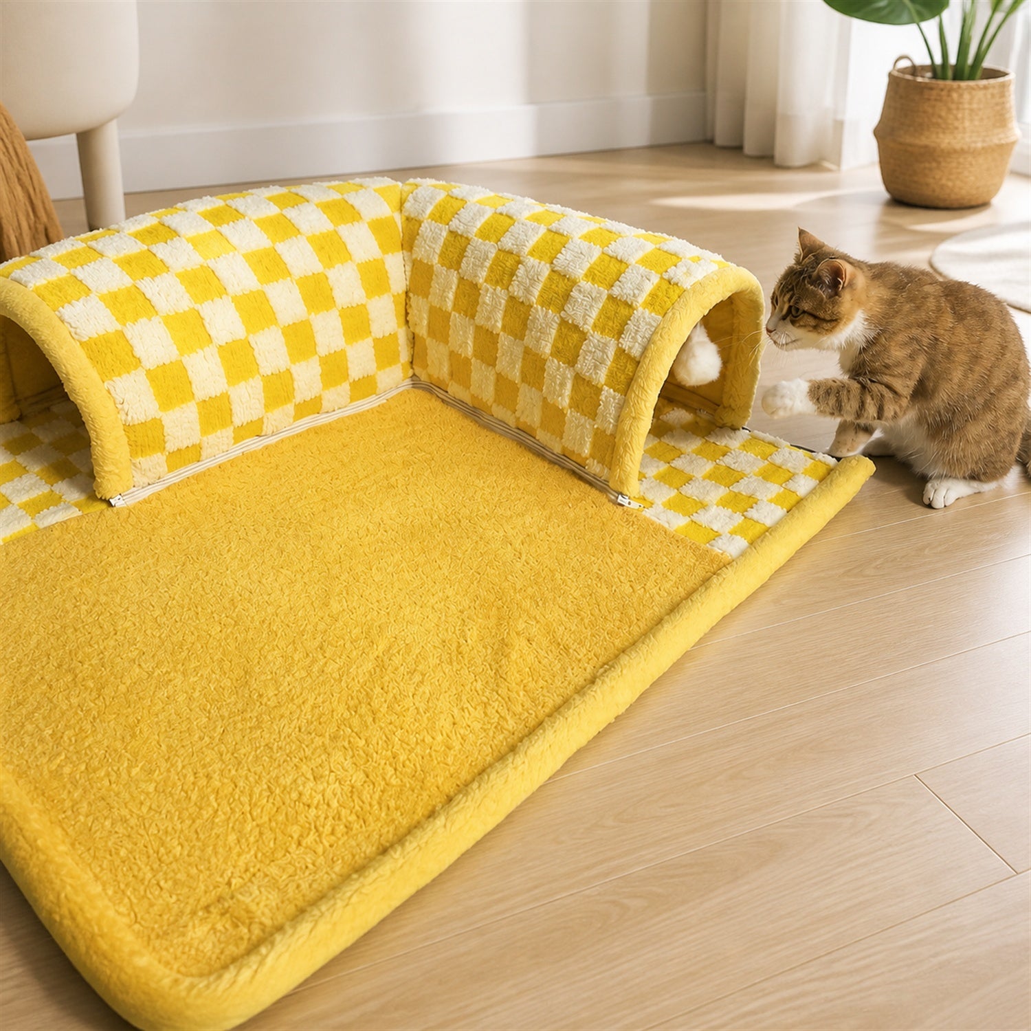 Cosy Tunnel Cat House | Plush Padded Hideaway Bed with Hanging Pom-Poms