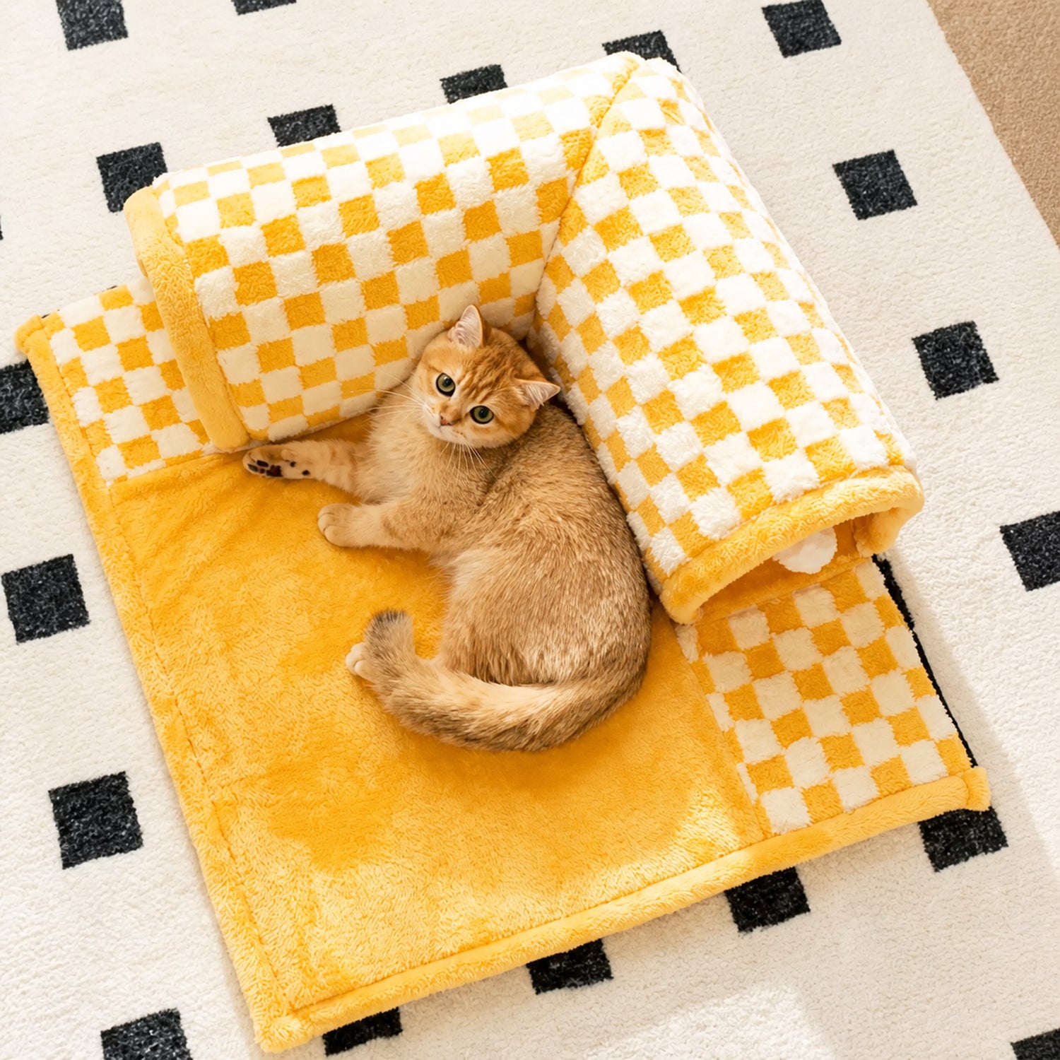 Cosy Tunnel Cat House | Plush Padded Hideaway Bed with Hanging Pom-Poms