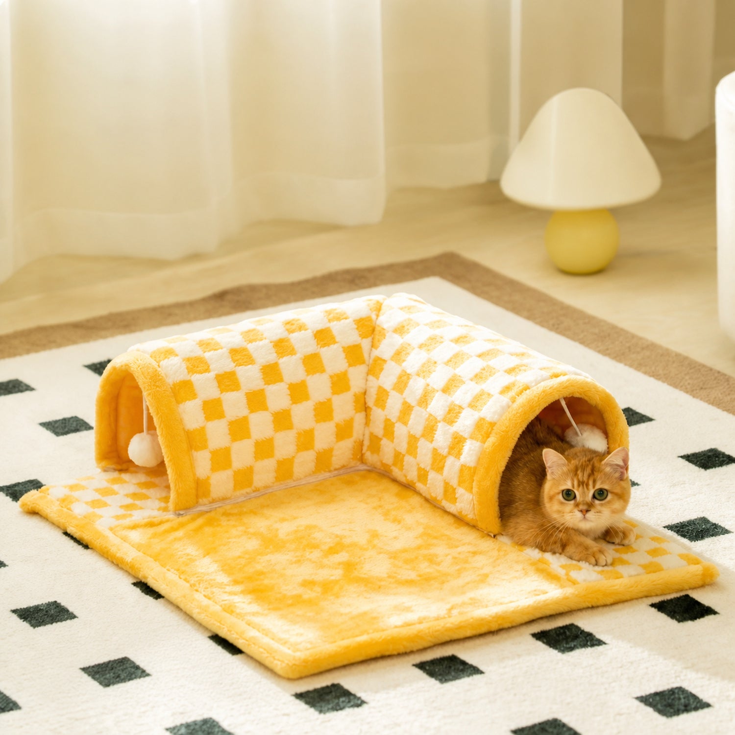Cosy Tunnel Cat House | Plush Padded Hideaway Bed with Hanging Pom-Poms