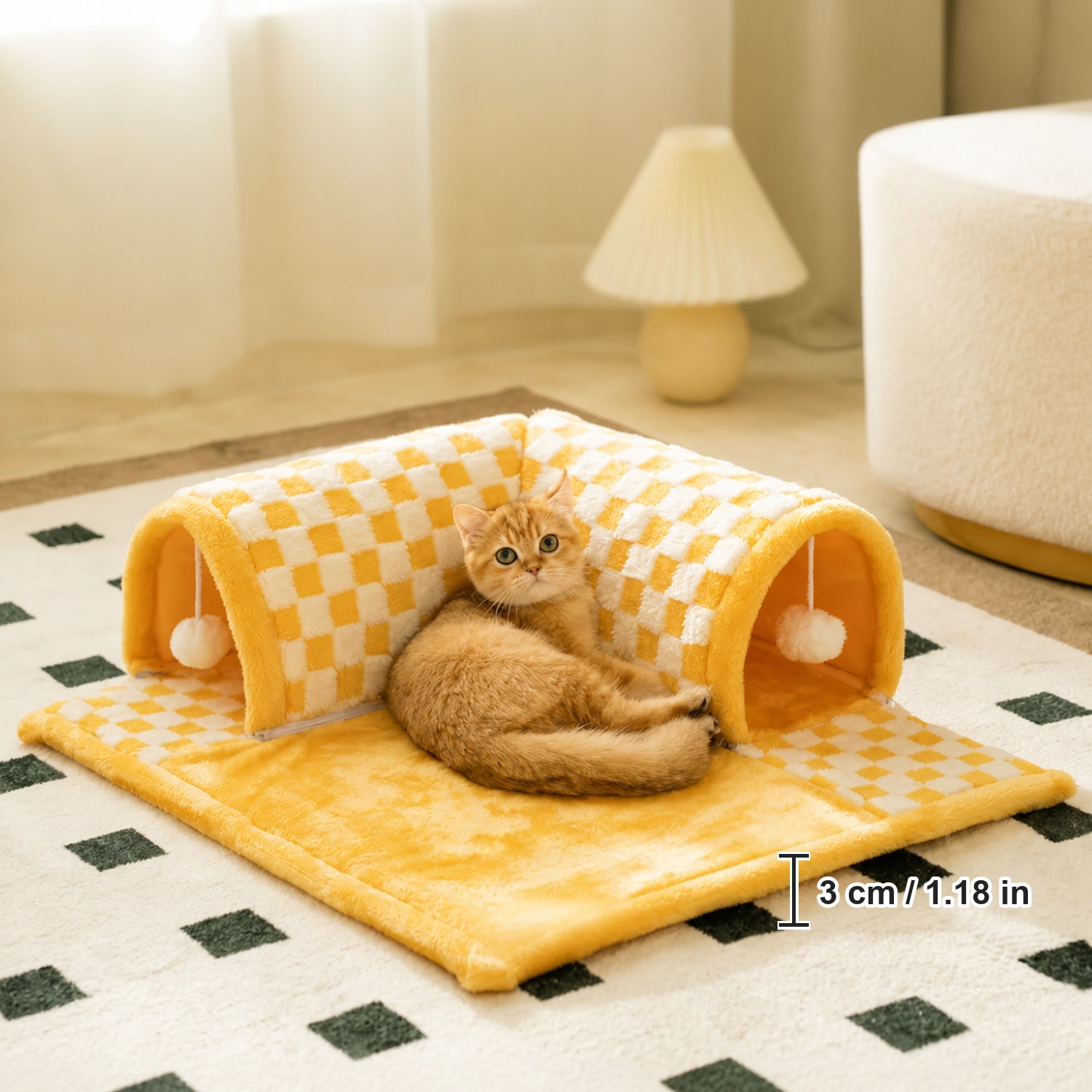 Cosy Tunnel Cat House | Plush Padded Hideaway Bed with Hanging Pom-Poms