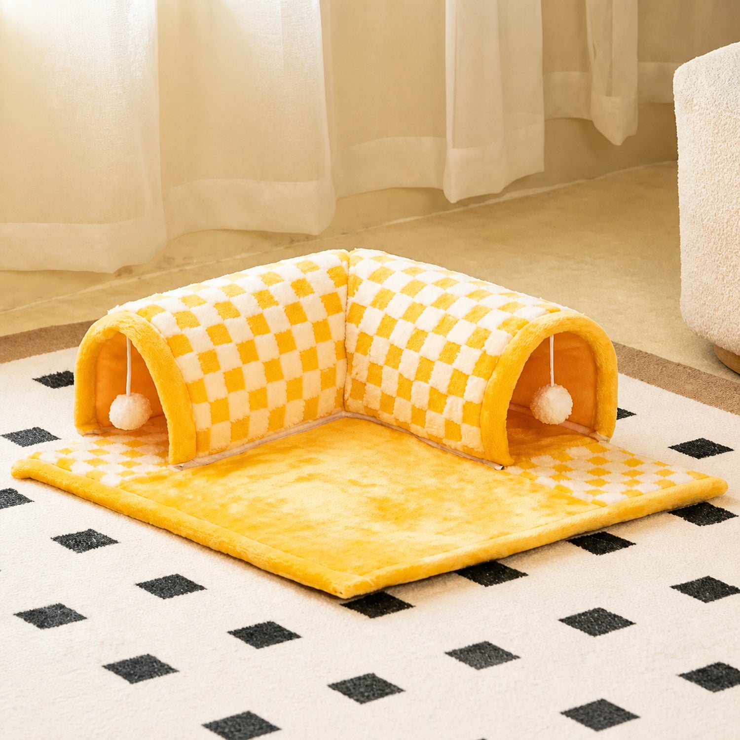 Cosy Tunnel Cat House | Plush Padded Hideaway Bed with Hanging Pom-Poms