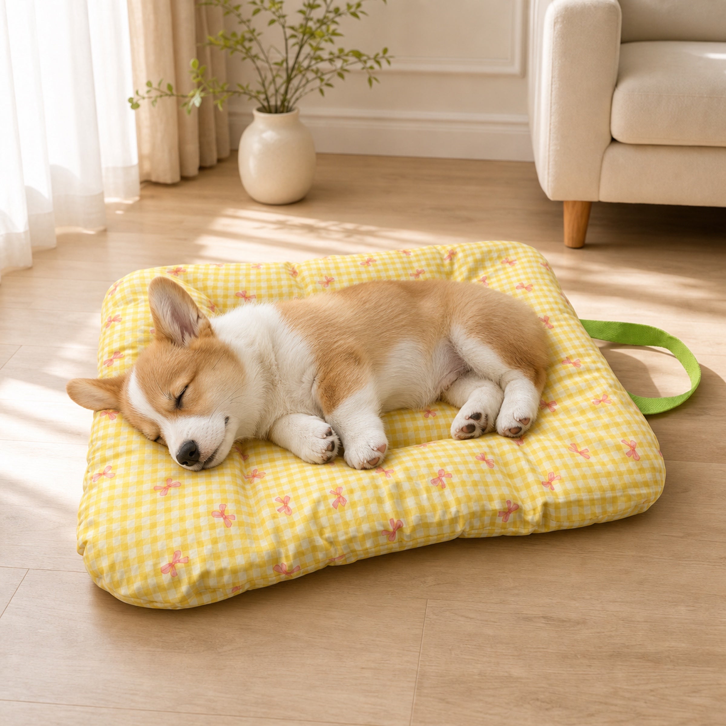 Gingham Bow Pet Mat | Cotton Double-Sided All-Season | Washable Bed