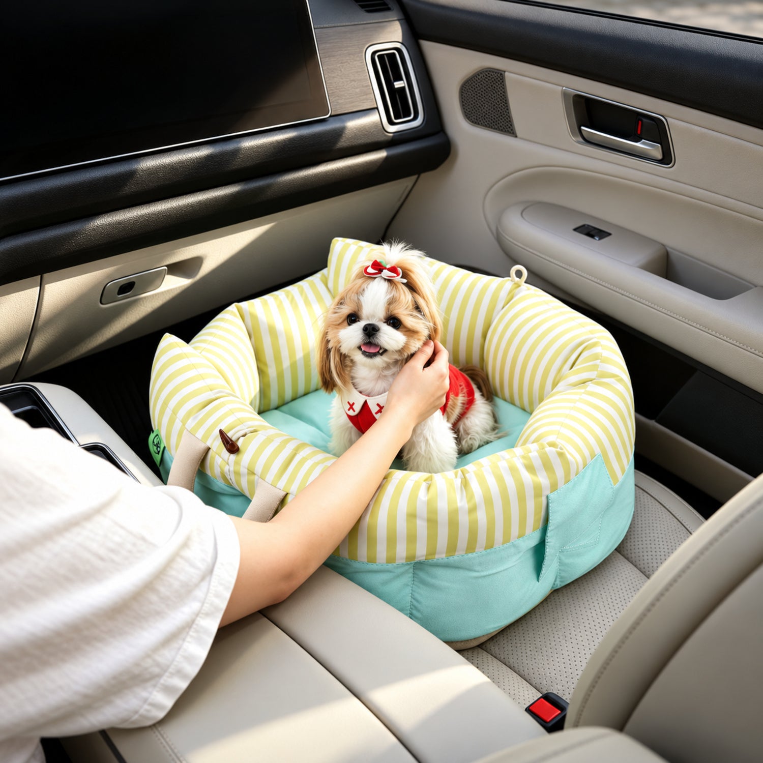 Yellow Stripe Pet Car Seat & Bed | Water-Repellent with Carry Handles