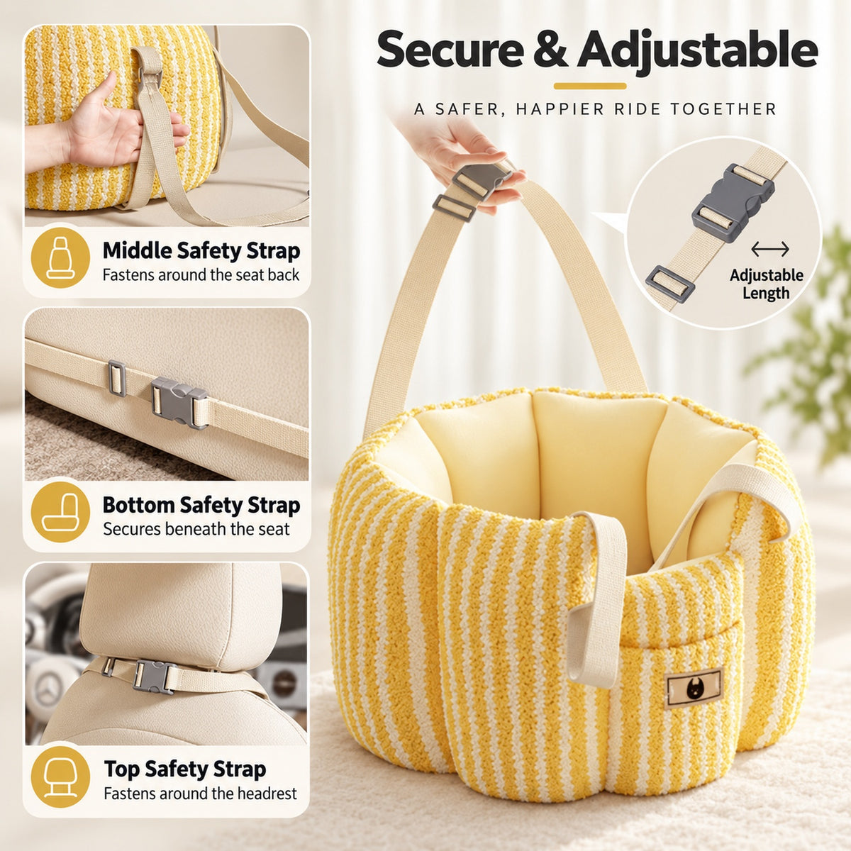 Dog Car Seat & Carrier Bag | Sunny Ride | Soft Plush & Carry Handles