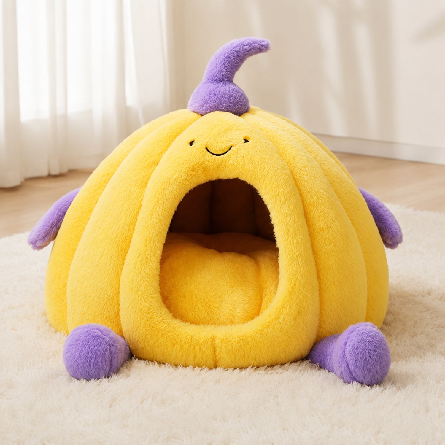 Pumpkin Enclosed Pet Bed | Plush Winter Hideaway | Non-Slip for Cats & Small Dogs
