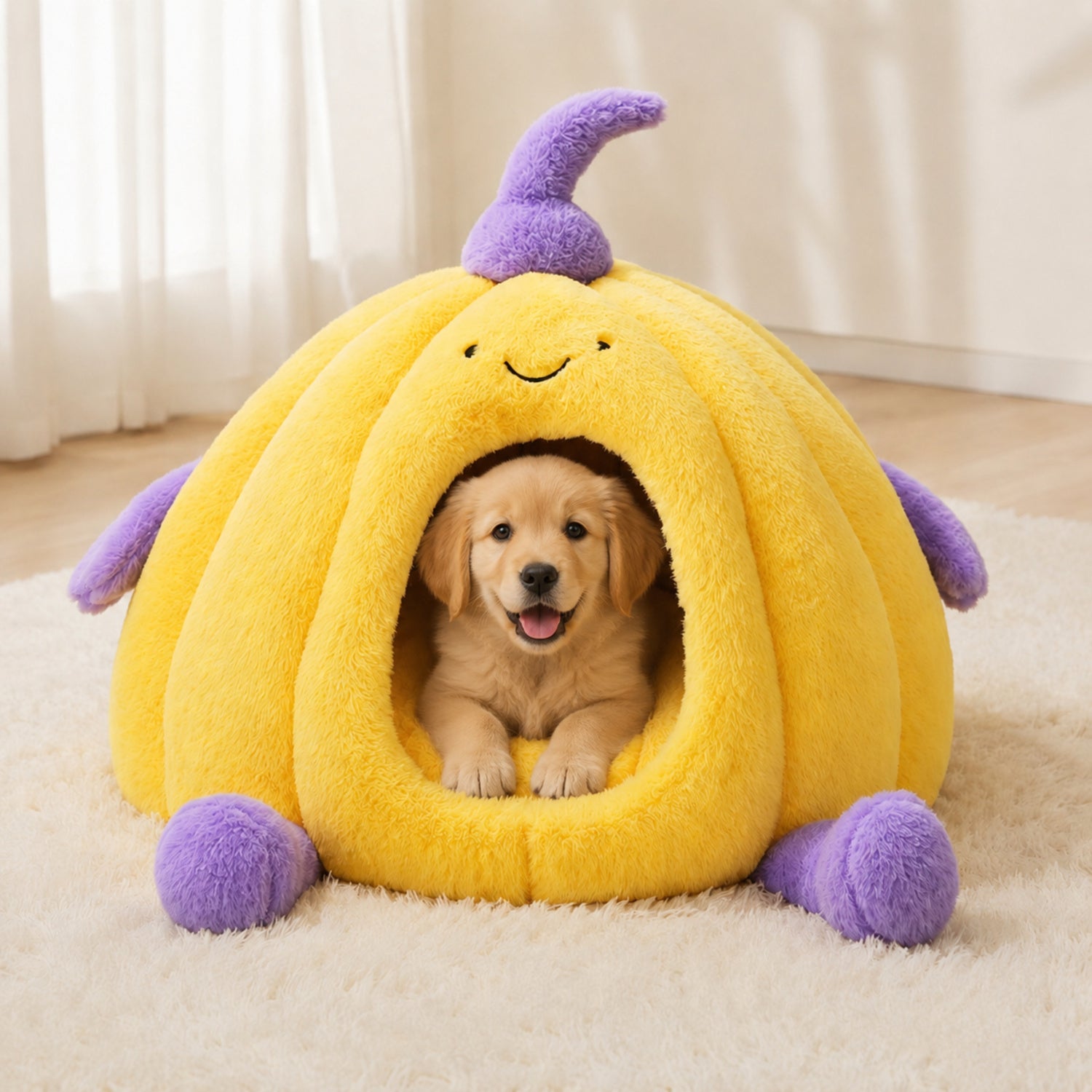 Pumpkin Enclosed Pet Bed | Plush Winter Hideaway | Non-Slip for Cats & Small Dogs
