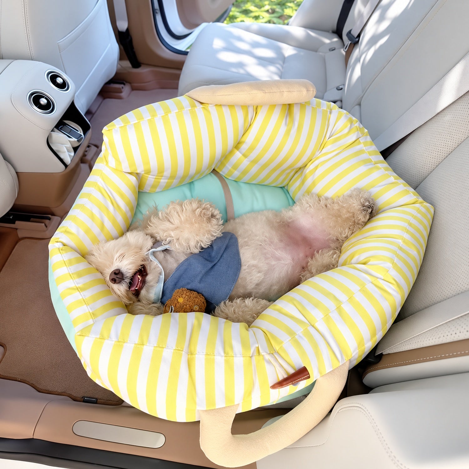 Yellow Stripe Pet Car Seat & Bed | Water-Repellent with Carry Handles