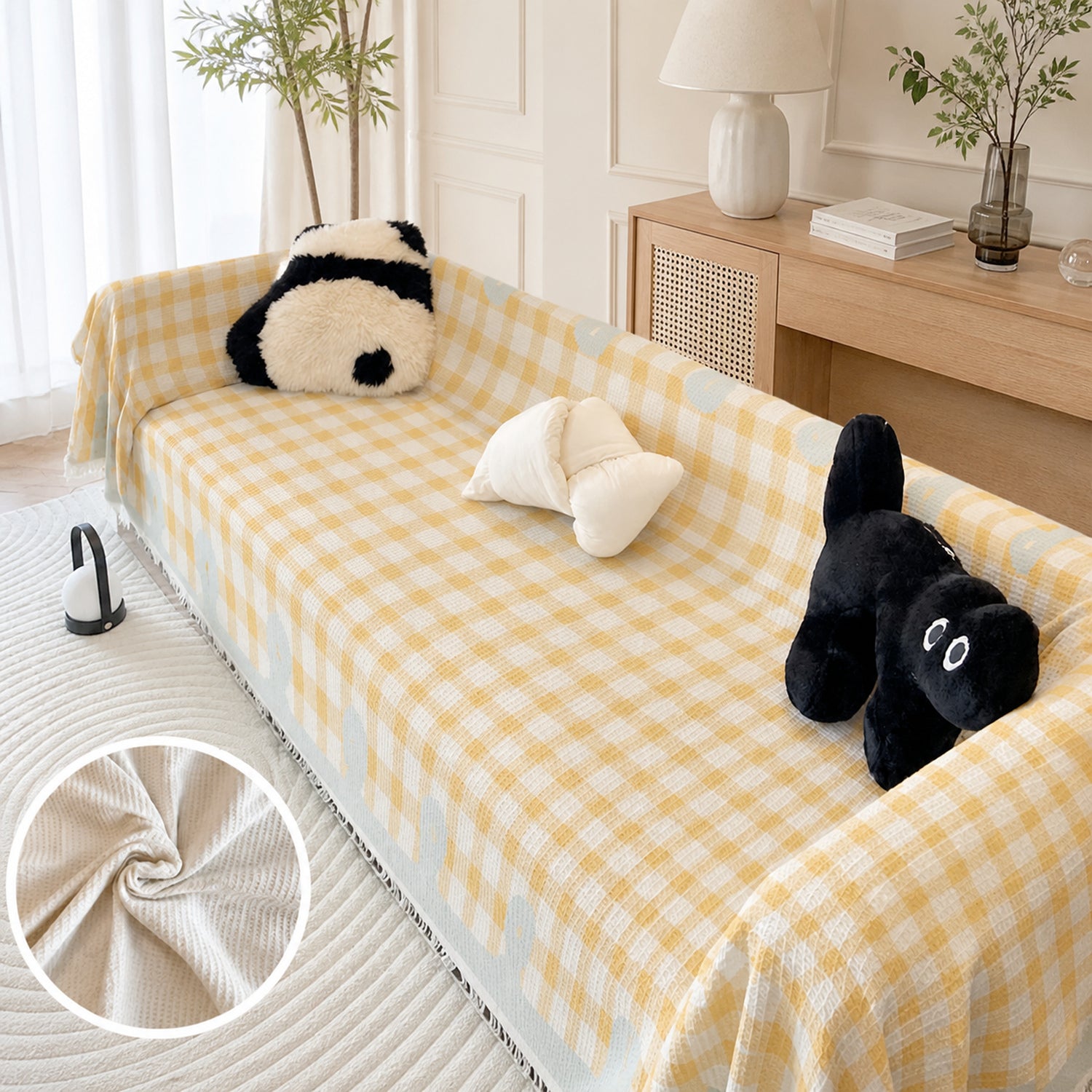 Pastel Gingham Waffle Sofa Throw | Non-Slip All-Season Sofa Protector