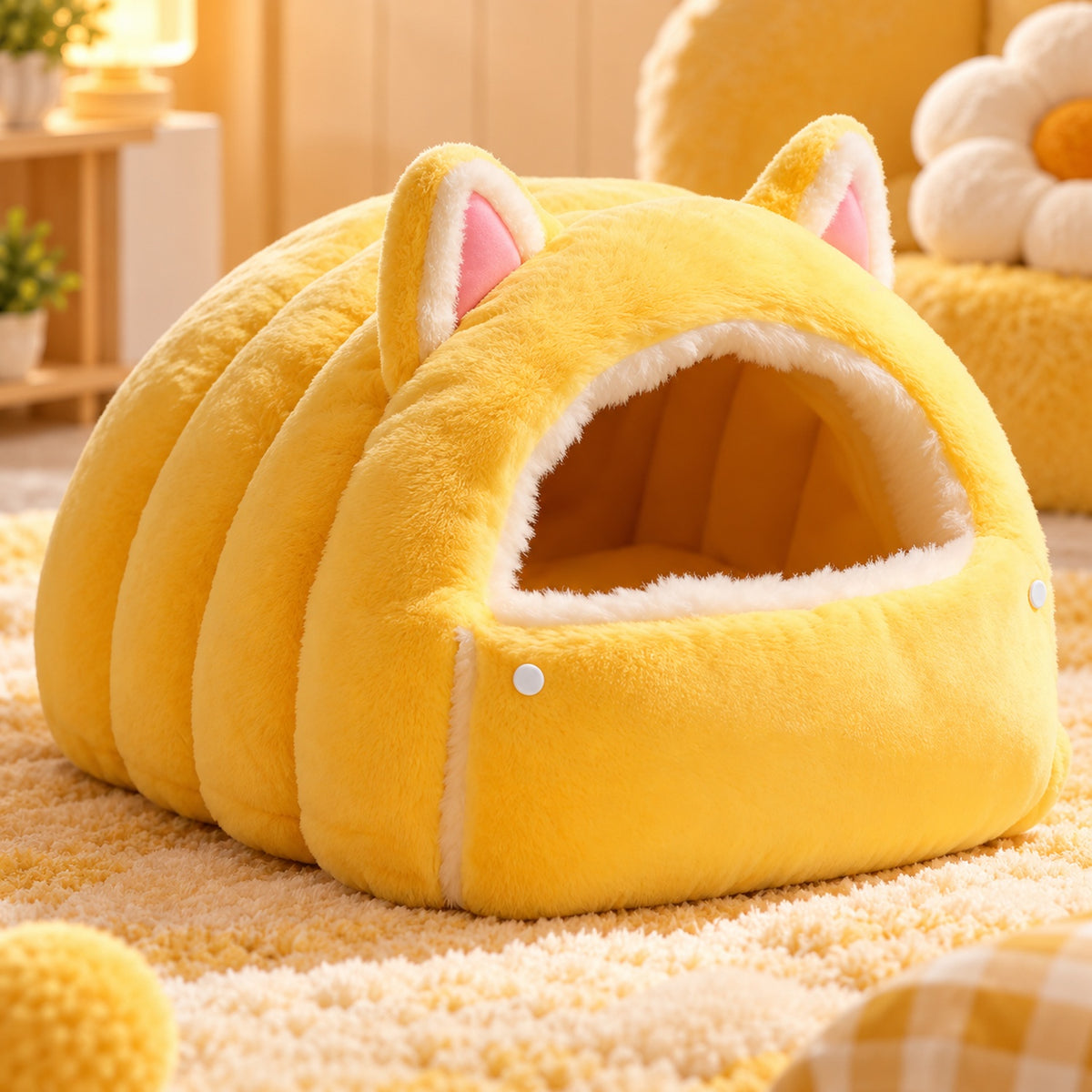 Cat Bed | Cosy Cat Ear Cave | Soft Plush & Fold-Down Front